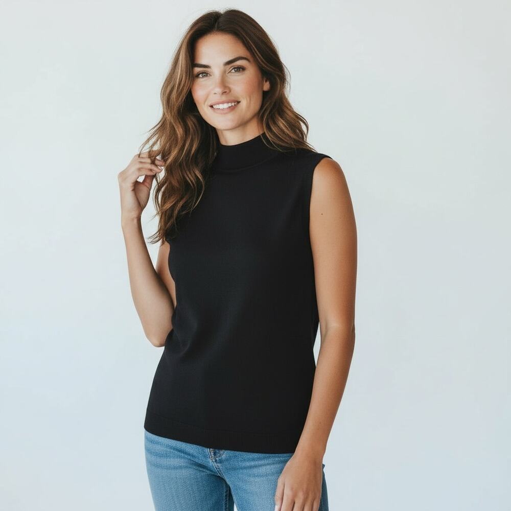 Talbots Black Sleeveless Tank Sweater Top Mock Collar Size Large